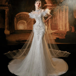 Exquisite Luxury Mermaid Wedding Dress High Neck Short Sleeves Watteau Train