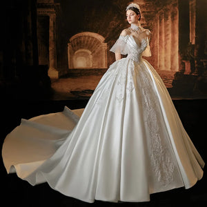 Elegant Satin Wedding Dress 2024 Short Sleeves Boat Neck Lace-Up Bow