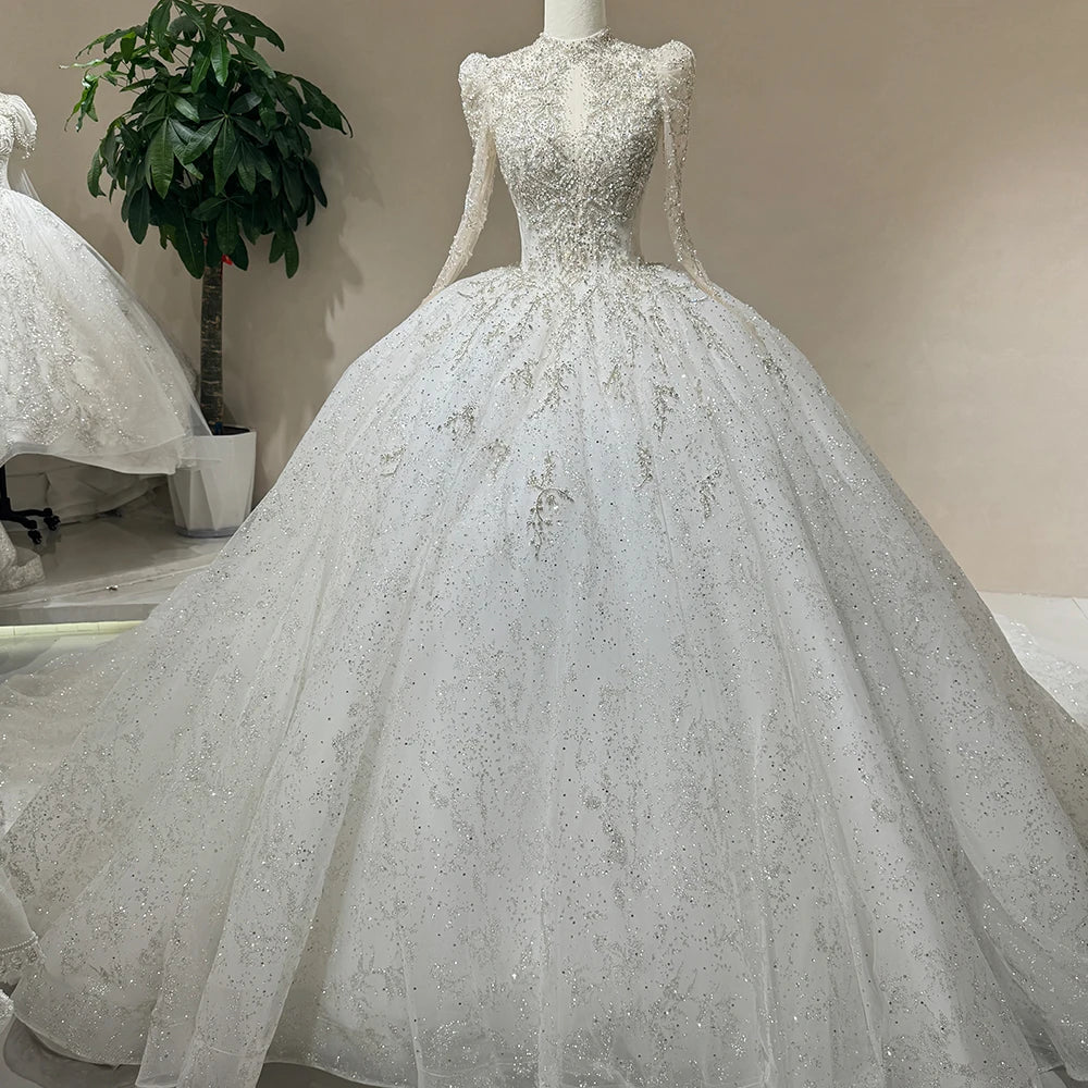 Luxury Lace Organza Ball Gown Beaded Backless Wedding Dress Long Sleeve