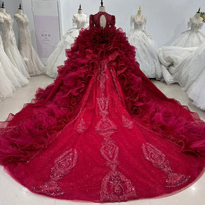 Red Crystal V-neck Ruffles Beaded Long Sleeve Backless Wedding Dress