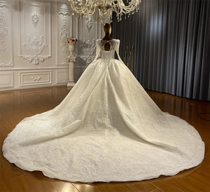 Customized Luxury Wedding Dress with Lace Appliqué and Heavy Beading