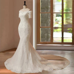 Customized Appliqué Hand Beading Mermaid Wedding Dress with Short Sleeves