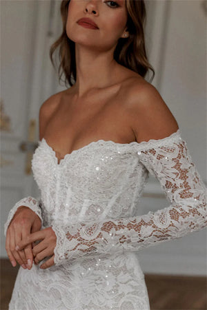 Off The Shoulder Lace Applique Mini Wedding Dress with Long Sleeves