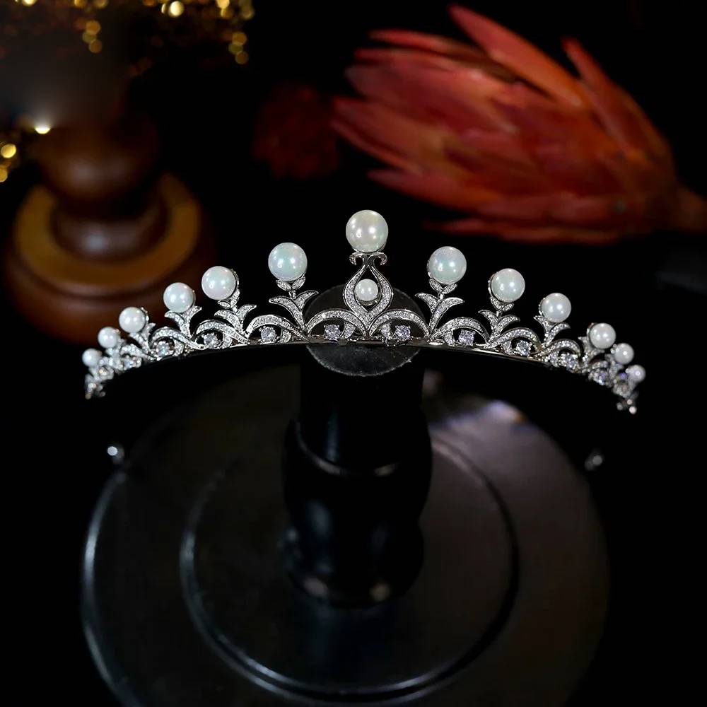 High Quality Pearl Crown CZ Tiara Bridal Hairband Wedding Hair Accessories