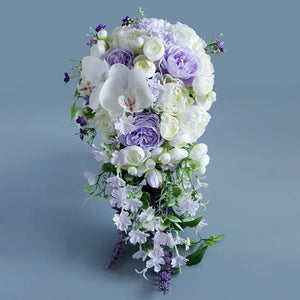 Water Drop Style Bridal Bouquet Artificial White Purple Lavender with Green Accents