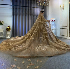 Customized Luxury Champagne Color Wedding Dress Full Beading With Lace Veil