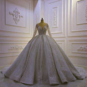 Dubai Style Royal Train Ball Gown Wedding Dress with Long Sleeves