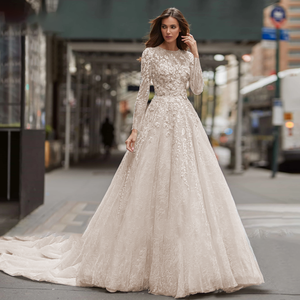 A-Line Long Sleeve Wedding Dresses Scoop Sequinned Illusion Beading Brush Train Wedding Gown