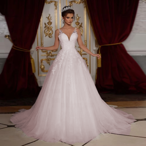 Luxury V-Neck Tulle A-Line Wedding Dress with Sequined Beading and Backless Design