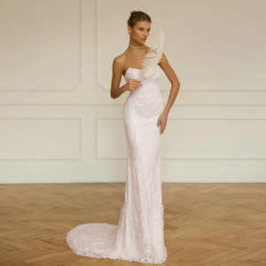 Boat Neck Mermaid Wedding Dress with Detachable Train & Sequins