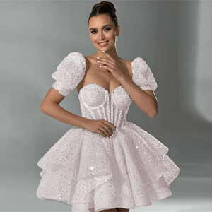 Short Sequined Beadings Wedding Dress Puff Sleeves Princess Sweetheart Party Dress