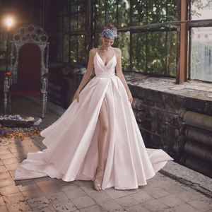 Elegant V-Neck Satin Wedding Dress with Slit Skirt and Pearl Beading for Modern Brides