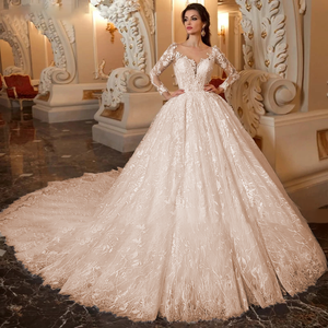 Lace Chapel Train Ball Gown Wedding Dress with Beaded Long Sleeves