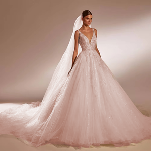 Off the Shoulder Aline Tulle Beaded Wedding Dress with V Neck Luxury Bridal Gown