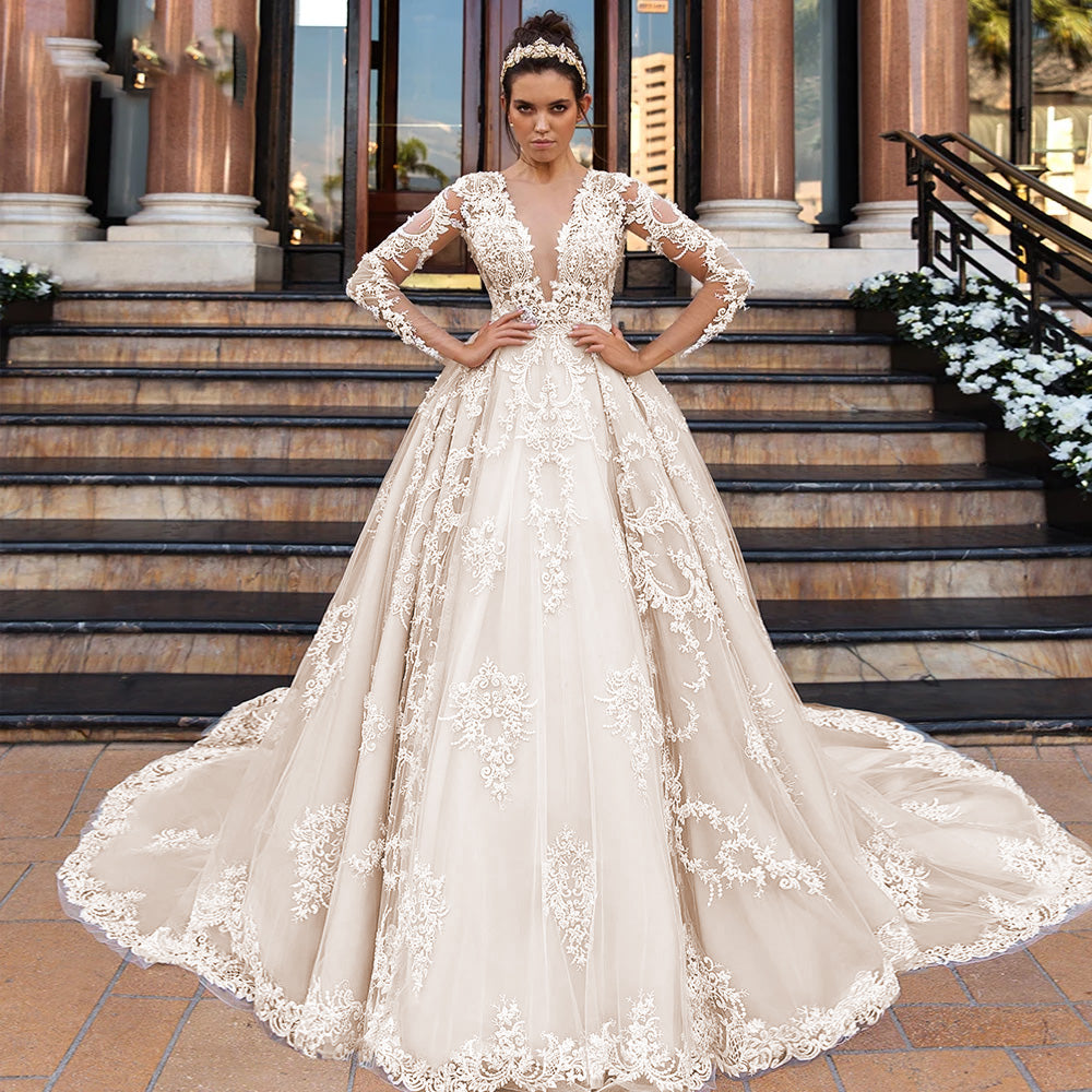 Long sleeve lace wedding dress long train hotsell