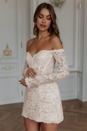 Off The Shoulder Lace Applique Mini Wedding Dress with Long Sleeves