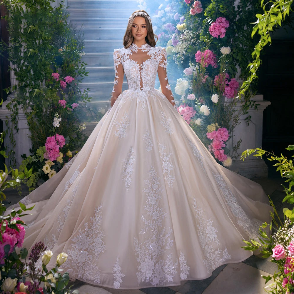 Free Shipping Princess Long Sleeves Sheer Back White Wedding Dress