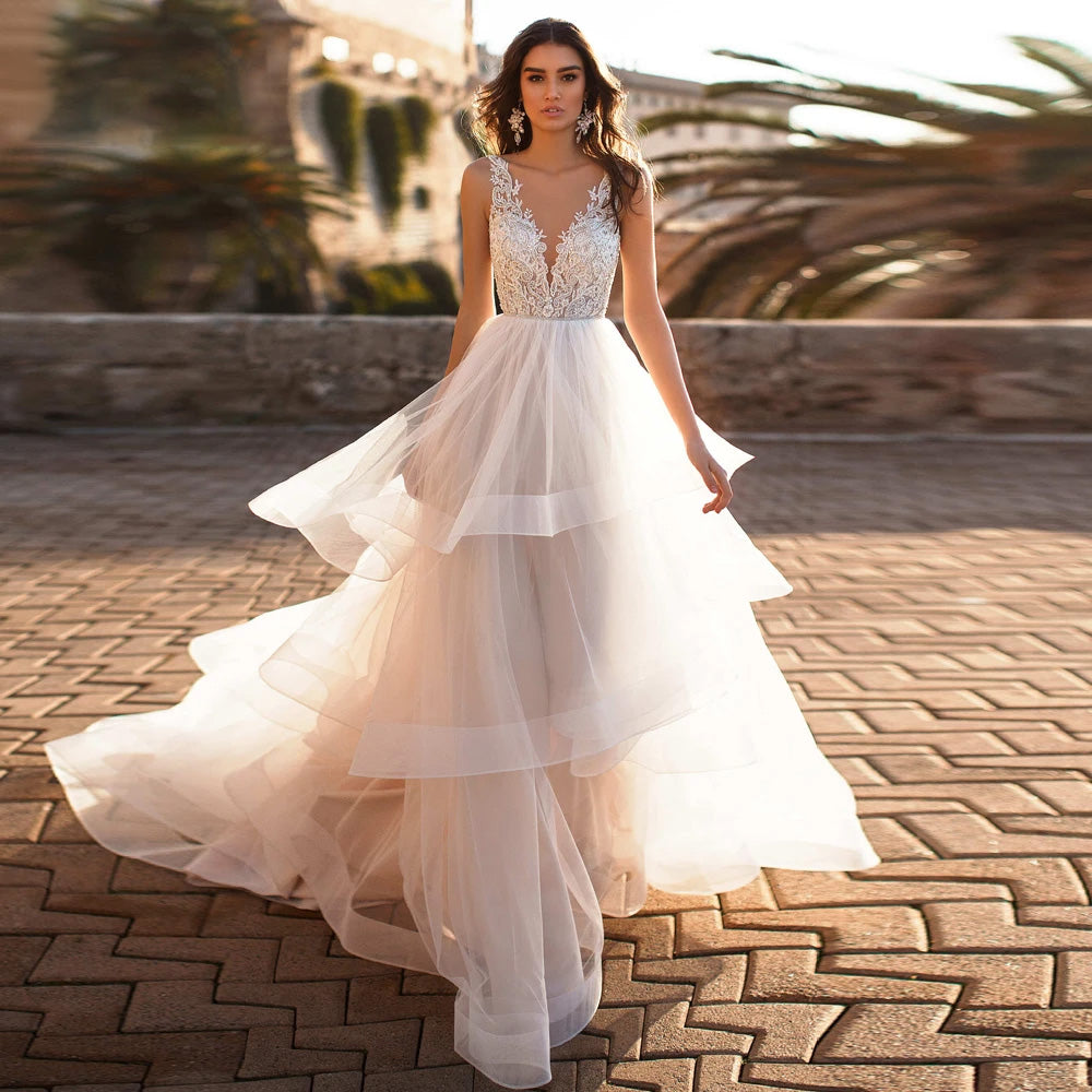Elegant V Neck Illusion Lace Vintage A-Line Wedding Dress Luxury