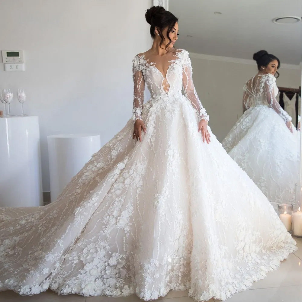 Long sleeve long train wedding dresses best sale