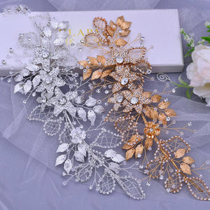 Handmade Bridal Headband Alloy Flower Headdress Rhinestone Hollow Leaf Headwear