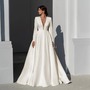 Classic A-Line Wedding Dress with Long Sleeves, Satin Belt, and Illusion Back