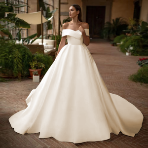 Boat Neck Off-the-Shoulder Ball Gown Wedding Dress Zipper Back Vestido De Noiva