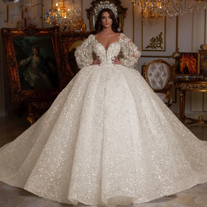 Luxury Long Sleeve Beaded Lace-Up Ball Gown Wedding Dress with Sequins and Flowers