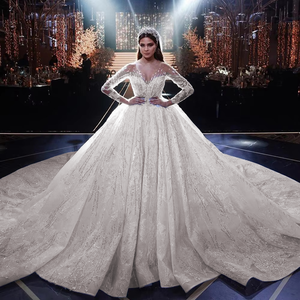 Beaded Sequined Ball Gown Wedding Dress with Long Sleeves and Illusion Back