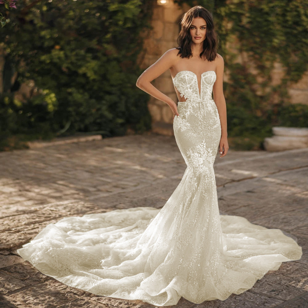 Sexy Illusion Strapless Lace Mermaid Wedding Dress Exquisite Bridal Go Elsi John