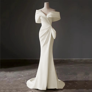 Satin Mermaid Wedding Dress Off the Shoulder with Slit Skirt  Luxury Bridal Gown