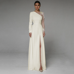 Long Sleeve Asymmetrical Side Slit Wedding Dress with Appliqué – Floor-Length Bridal Gown