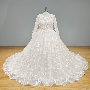 3D Flowers Ball Gown Wedding Dress with Long Sleeves Satin Belt and Vintage Detail