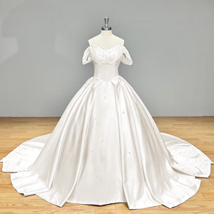 Off the Shoulder Satin Ball Gown Wedding Dress with Pleated Lace Up Back