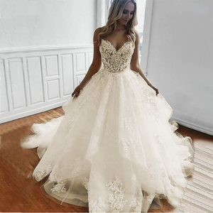 White Tulle Appliqué A-Line Wedding Dress with Spaghetti Straps