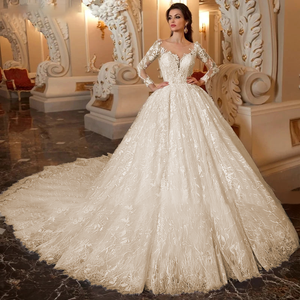 Lace Chapel Train Ball Gown Wedding Dress with Beaded Long Sleeves