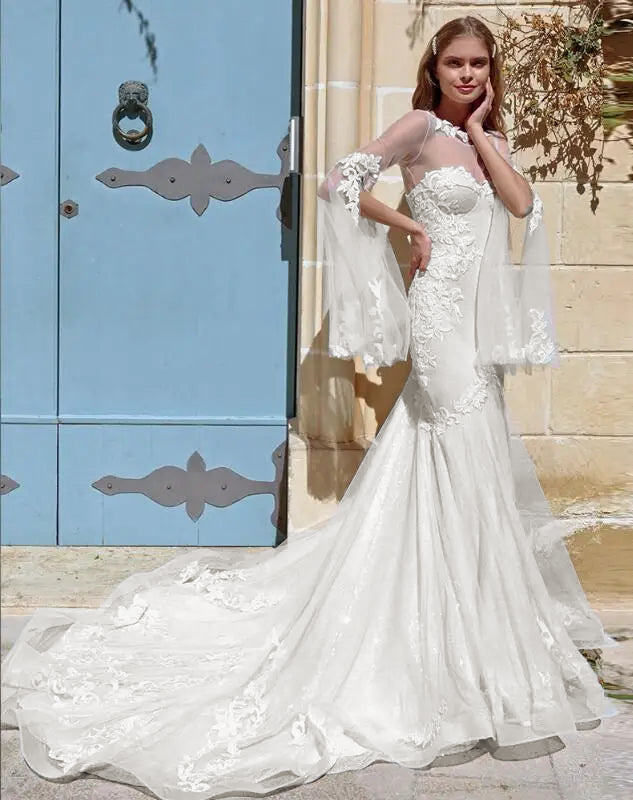 Custom Mermaid Wedding Dress with Half Sleeves and Applique Details