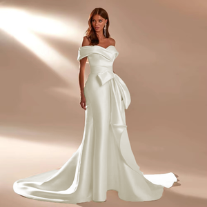 Off-the-Shoulder Satin Mermaid Wedding Dress with Zipper Back & Detachable Bow