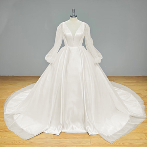 Simple Satin and Tulle Ball Gown Wedding Dress with Detachable Shawl and Backless Design