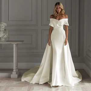 Satin Mermaid Wedding Dress with Detachable Train V-Neck Off-the-Shoulder Design