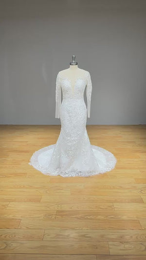 Detachable Train Tulle Mermaid Wedding Dress with Long Sleeves and O-Neck