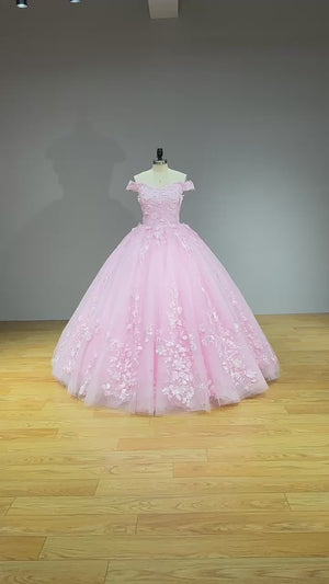 3D Flowers Princess Ball Gown Wedding Dress with Detachable Train Off the Shoulder