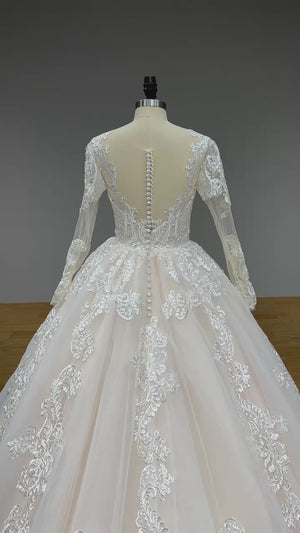 New Arrival Long Sleeve Ball Gown Wedding Dress with Illusion Back and Sequined Appliques