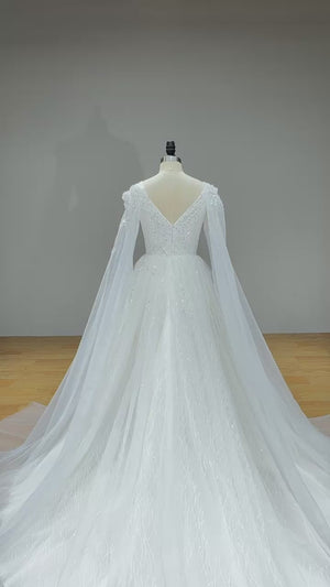 Elegant V-Neck A-Line Wedding Dress with Pearls Lace Zipper Back Modern Design Bridal Gown