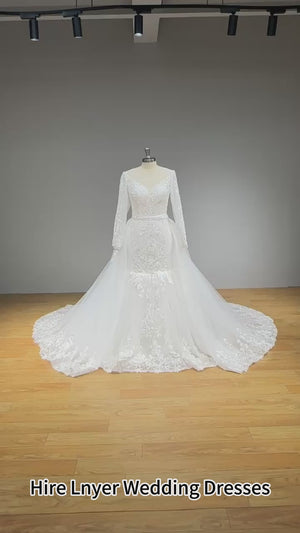 Long Sleeve Mermaid Wedding Dress with Detachable Train and Cut-out Back