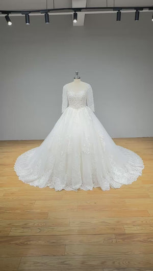 Half Sleeve Ball Gown Wedding Dress with Pearls Appliques and Corset Back