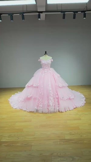 3D Flowers Princess Ball Gown Wedding Dress with Detachable Train Off the Shoulder