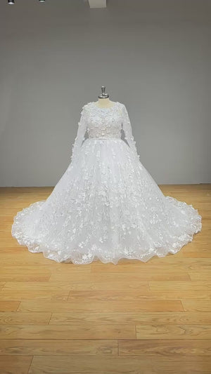 3D Flowers Ball Gown Wedding Dress with Long Sleeves Satin Belt and Vintage Detail