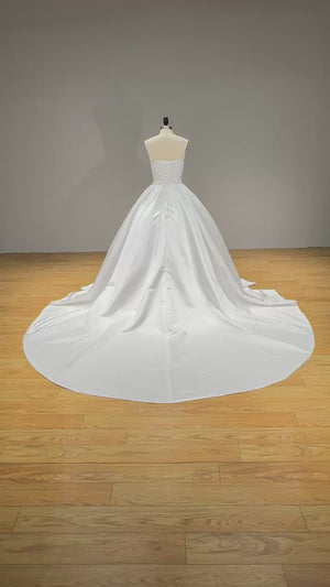 Off the Shoulder Satin Ball Gown Wedding Dress with Lace Up Beading and Pearls