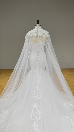 Newest Tulle Mermaid Wedding Dress with Shawl and Sweetheart Neck Luxury Appliques