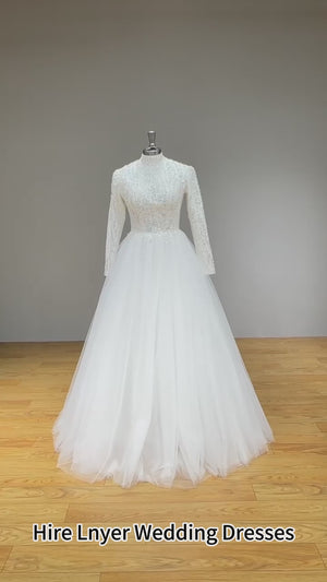 High Neck Tulle A-Line Wedding Dress Zipper Back Vintage Bridal Gown